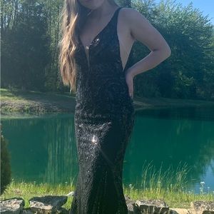 Black Sequin Backless Prom Gown